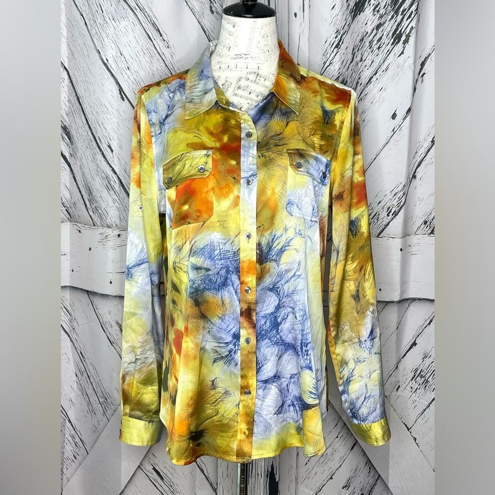 CALVIN KLEIN Watercolor Button Down Blouse Large
